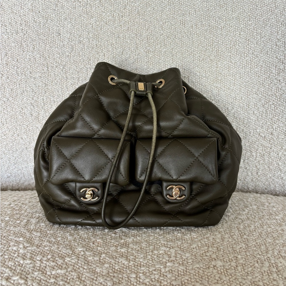 CHANEL Quilted Drawstring Shoulder Backpack - Oli… - image 1